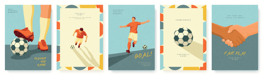 Obraz premium Set of football and soccer greeting cards and marketing templates in a modern flat style with grainy texture, featuring players in action, soccer ball, and fair play handshake, vector illustration.
