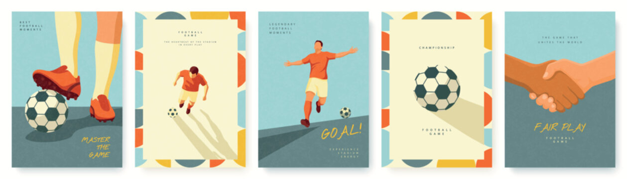Set of football and soccer greeting cards and marketing templates in a modern flat style with grainy texture, featuring players in action, soccer ball, and fair play handshake, vector illustration.