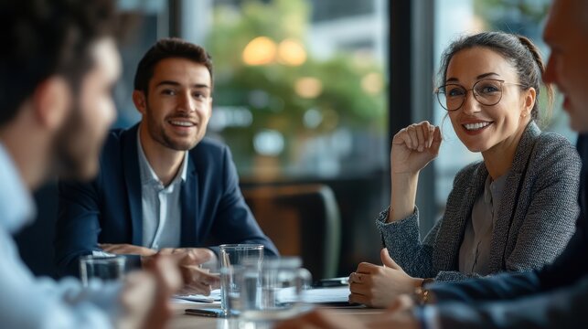 A diverse group of professionals smiles and engages in a business meeting.
