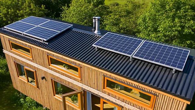 Aerial shot of a tiny home with solar panels, surrounded by lush green trees