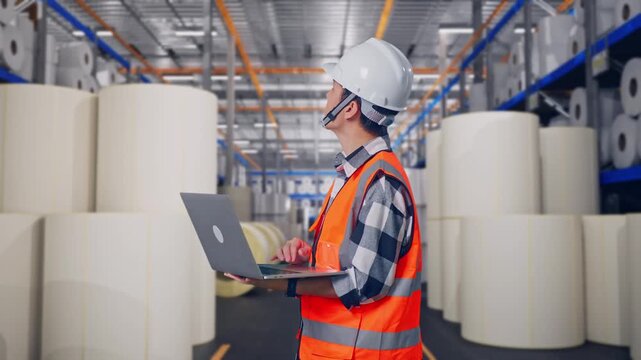 Side View Of Asian Male Engineer With Safety Helmet Working On A Laptop And Looking Around While Standing at Warehouse with Rows of Stacked White Polymer and Paper Rolls
