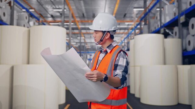 Side View Of Asian Male Engineer With Safety Helmet Looking At Blueprint In His Hands And Looking Around While Standing at Warehouse with Rows of Stacked White Polymer and Paper Rolls