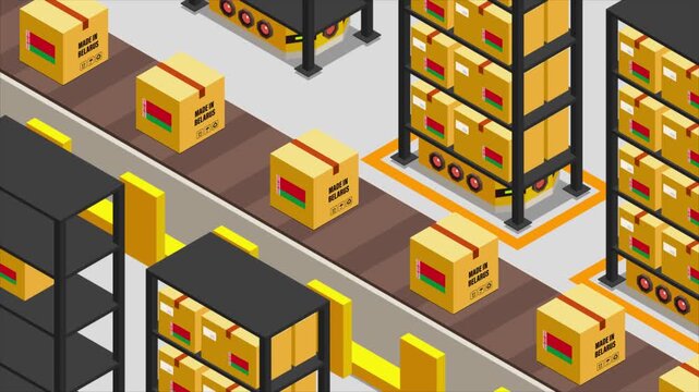 Smart Automated Warehouse System with Flag of BELARUS, Modern Industrial Logistics and Supply Chain Animation