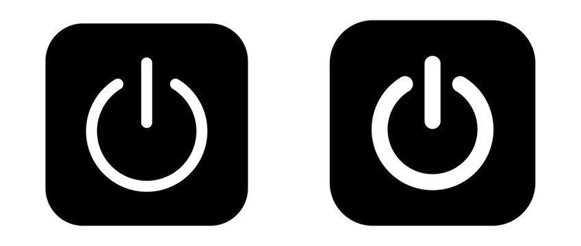 The power button on and off thin and thick icon, a universal symbol for starting and stopping electronic devices, is presented as a clean, minimalist glyph on a black background, representing control 