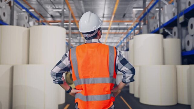 Back View Of A Male Engineer Wearing Safety Helmet Looking Around While Standing With Arms Akimbo at Warehouse with Rows of Stacked White Polymer and Paper Rolls