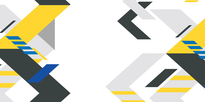 Dynamic geometric arrangement of yellow grey and blue polygonal shapes with diagonal stripes on a clean white background for modern corporate identity.