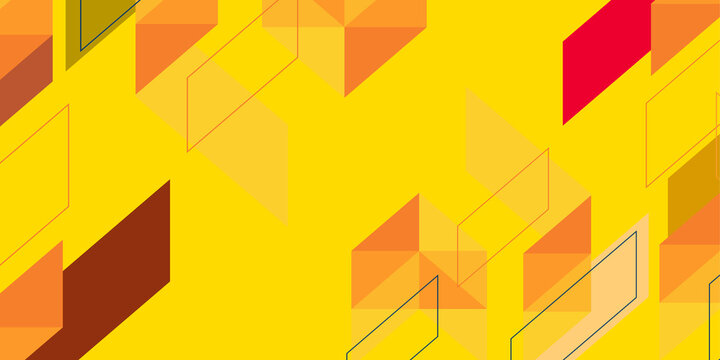 Transparent overlapping geometric rhomboid shapes in warm orange and red hues creating a layered isometric effect against a solid bright yellow canvas.