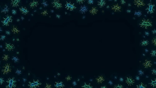 bacteria icons moving slowly in background edges, frame