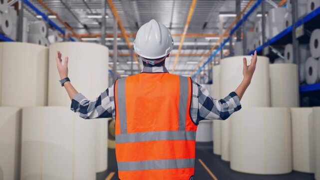 Back View Of A Male Engineer With Safety Helmet Spreading Arms While Standing at Warehouse with Rows of Stacked White Polymer and Paper Rolls