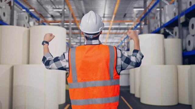 Back View Of A Male Engineer With Safety Helmet Raising His Hands Celebrating While Working at Warehouse with Rows of Stacked White Polymer and Paper Rolls