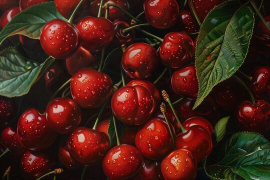 Freshly picked red cherries glisten with water droplets, nestled among vibrant green leaves