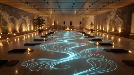 Obraz premium Immersive Yoga Studio with Flowing Blue Light Patterns and Abstract Human Wall Art