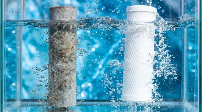 Comparison of dirty and clean water filter cartridges submerged in bubbling water.