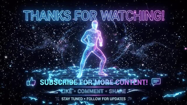 A neon wireframe figure stands on a glowing hexagonal platform surrounded by stars against a black background.