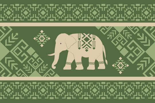 Seamless tribal elephant pattern with geometric ethnic motifs in green and beige tones, perfect for textile design, wallpaper, packaging, and stylish decorative backgrounds.