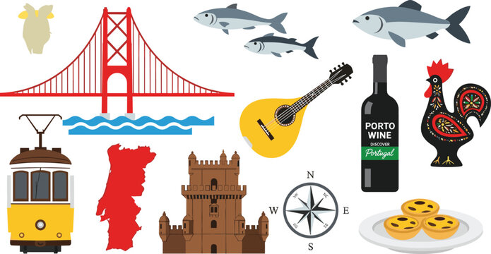 Portuguese Culture Vector Set Featuring Lisbon Bridge, Porto Wine, Traditional Guitar, Tram, Rooster, Castle, Compass, Fish, and Cookies for Tourism, Travel, and Culture Designs.