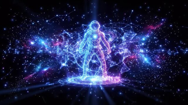 An astronaut stands in a wireframe grid with stars and galaxies in the background, all video in glowing blue and purple hues.