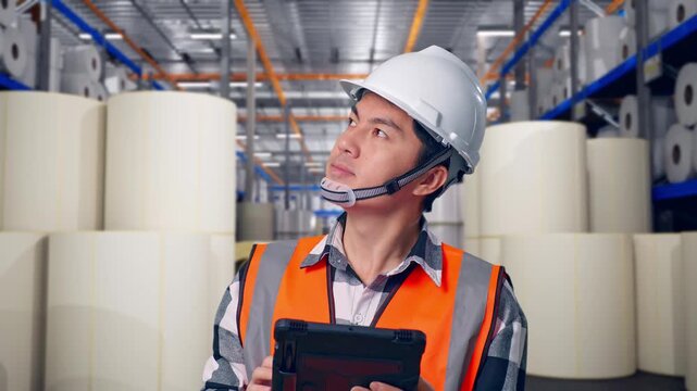 Close Up Of Asian Male Engineer With Safety Helmet Looking At The Tablet In His Hand And Looking Around While Standing at Warehouse with Rows of Stacked White Polymer and Paper Rolls