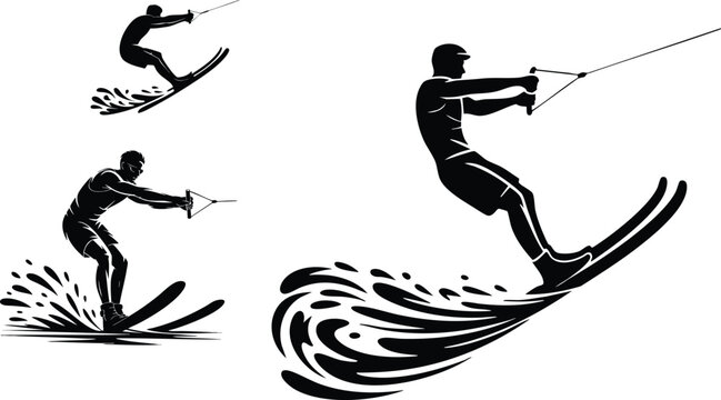 Minimalist Water Skiing Action and Summer Sports Icon Set, vector, illustration, silhouette.