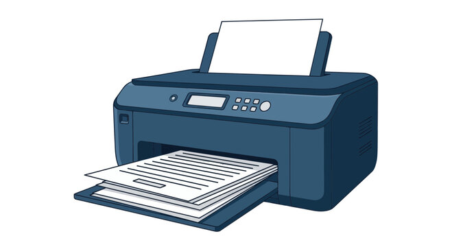 Modern blue office printer with paper output and input tray