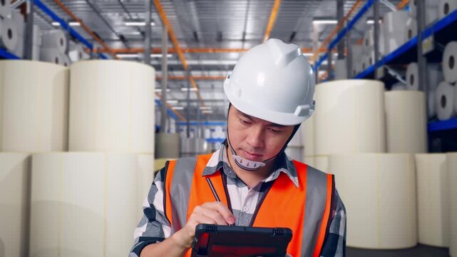 Close Up Of Asian Male Engineer With Safety Helmet Taking Note On The Tablet And Looking Around While Standing at Warehouse with Rows of Stacked White Polymer and Paper Rolls