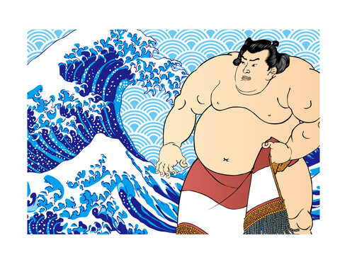 大波と青海波を背景に立つ力士