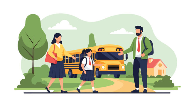 Family walking daughter to school bus for education.