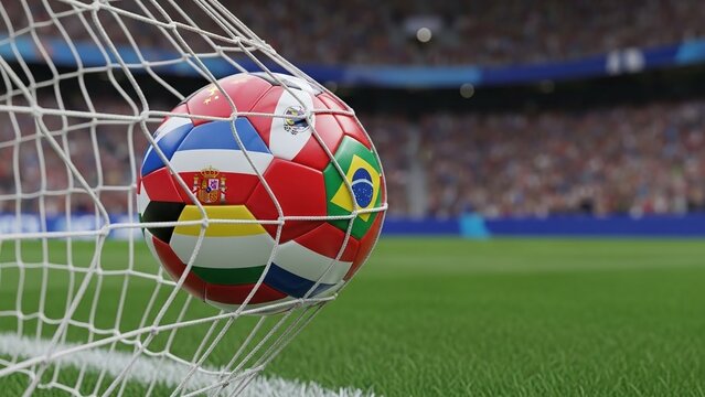 Football and World Cup Concept soccer ball hitting goal net in stadium lights