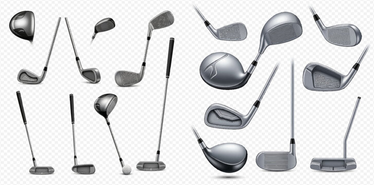 Set of realistic golf clubs with various drivers, irons, and putters for sport and leisure activities.