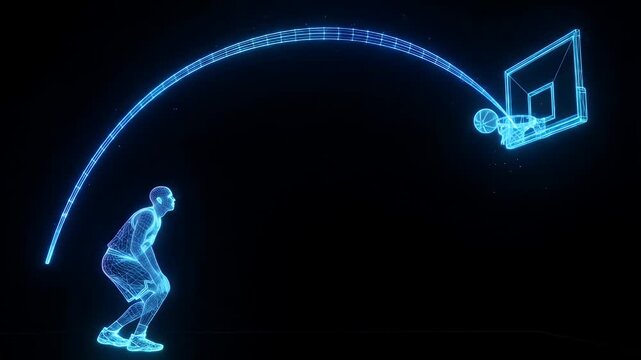 A glowing blue wireframe video shows a basketball player shooting a three-point shot. The visualization highlights the trajectory of the ball towards the hoop on a black background.