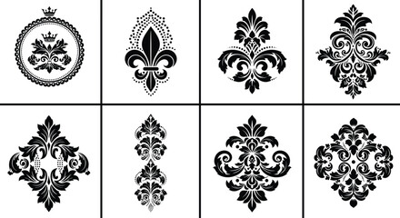 Vintage Damask Ornament Set with Royal Floral Patterns Fleur de Lis and Decorative Baroque Elements Black Vector Collection for Luxury Design and Backgrounds © Priyanka