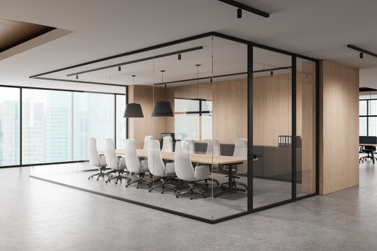 Modern glass-walled conference room interior design with wooden panels, large table, and city view bathed in natural light for architecture showcase. 3D Rendering