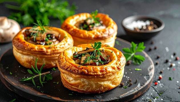Delicious gourmet puff pastry vol au vent filled with savory saut&eacute;ed mushrooms and fresh herbs served on a rustic dark wooden cutting board.