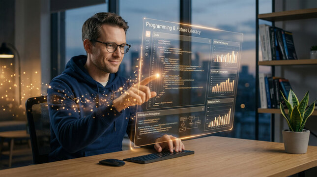 Developer working with holographic programming code and interactive data charts, concept of software engineering, future literacy, and digital transformation