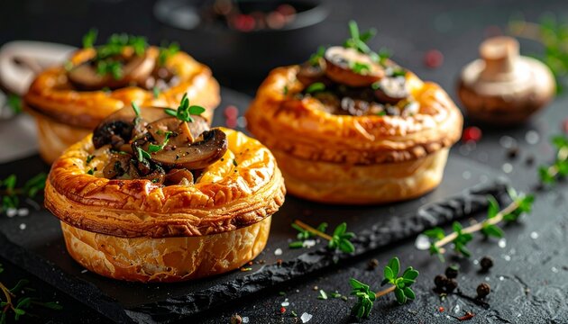 Gourmet mushroom puff pastry tarts with herbs on a dark slate board presented as an elegant appetizer for a restaurant menu or dinner.