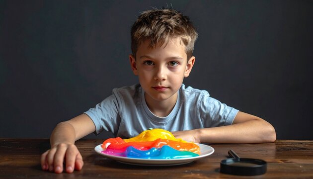 A young boy sitting at a wooden table looking curiously at a plate filled with colorful viscous jelly slime and a small black magnifying glass.