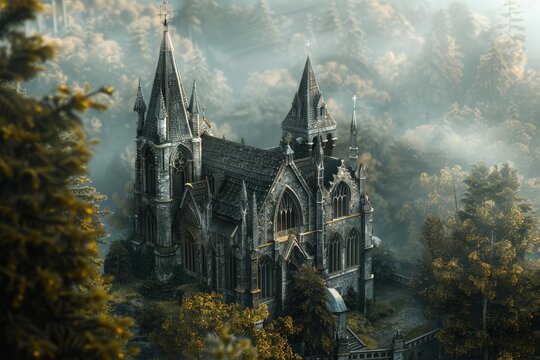 Stone cathedral with pointed arches and tall spires rising from a misty forest, creating a mysterious and atmospheric scene