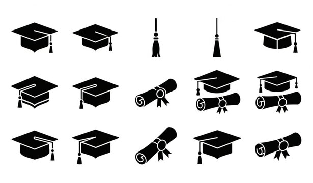 Minimal graduation cap and diploma outline icon set academic hat line vector education symbols collection