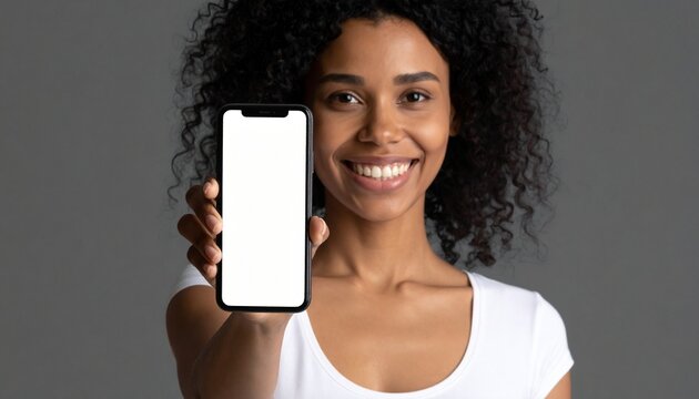 A smiling young African American woman showing a blank smartphone screen to camera against a plain dark gray studio background for ads.