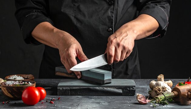 Professional chef sharpening a stainless steel kitchen knife on a dark whetstone block in a rustic restaurant kitchen environment setting.