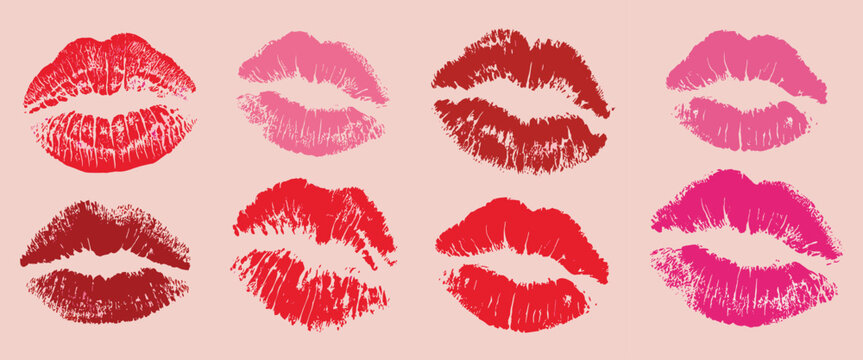 Collection of eight red and pink lipstick kiss marks on a light pink background vector illustration