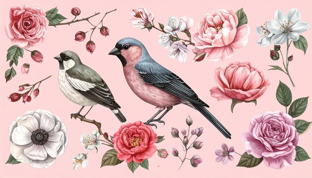 Decorative collection of hand drawn birds and blooming spring flowers set against a soft romantic pastel pink background for design.