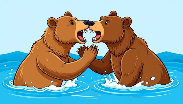 Two brown bears stand in water, facing each other, with mouths open as if about to attack or fighting playfully