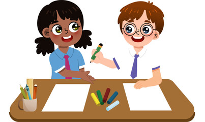 Fototapeta premium Children Drawing Together At A Desk