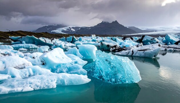 Turquoise icebergs float in a glacial lagoon under a cloudy sky, with mountains in the background