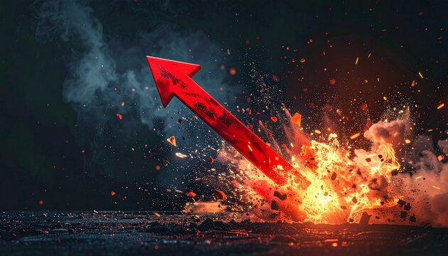 A dynamic conceptual image featuring a red upward pointing arrow exploding with fire and sparks symbolizing fast business growth and progress.