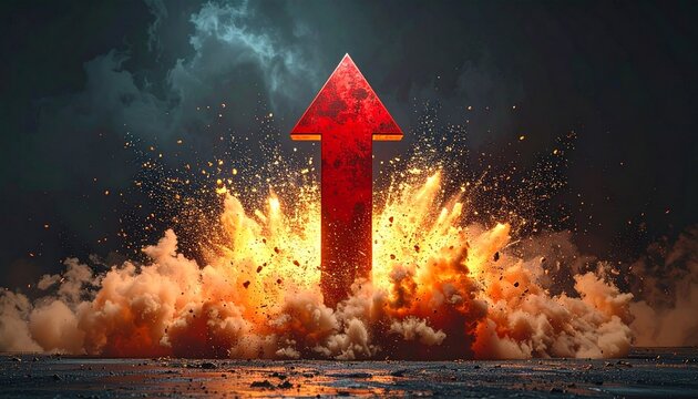 A dramatic conceptual image featuring a glowing red arrow launching upward from a powerful explosion of fire smoke and glowing embers against dark.