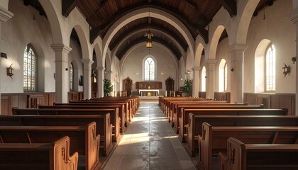 Naklejka premium Peaceful interior of a traditional church with wooden pews and stone arches flooded with warm morning sunlight for spiritual reflection.