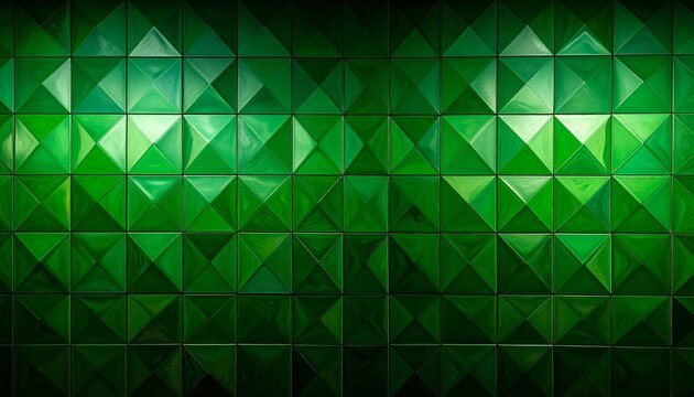 Abstract green geometric background featuring a pattern of glossy textured ceramic square tiles with subtle lighting and sharp shadow details.