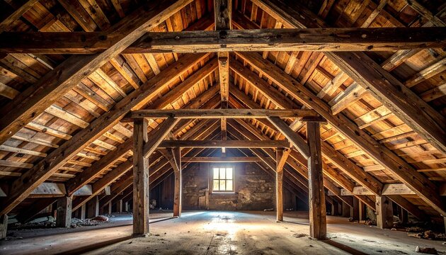 A rustic empty attic interior featuring weathered wooden beams and rafters with bright natural light streaming through a small rectangular window.
